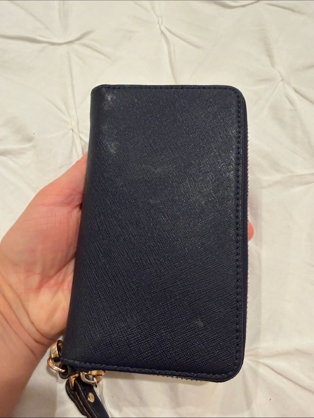 Michael Kors Blue Leather Zip Wristlet with Gold Plaque